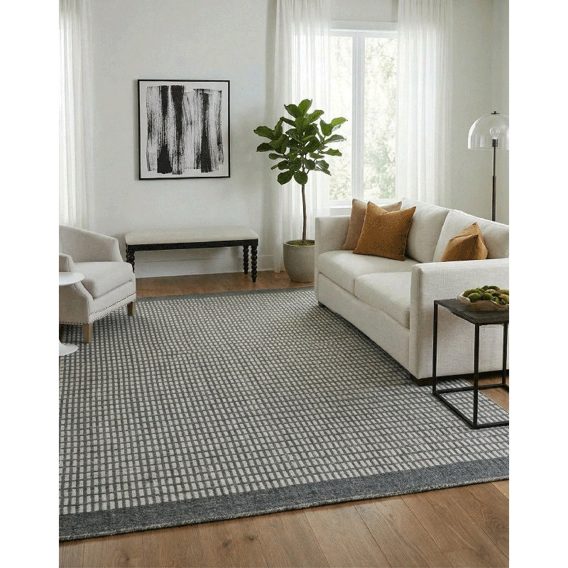 Meraki 02 Hand Loomed Geometric Area Rug in Black Stone/Ivory, Rectangle 8' x 10'