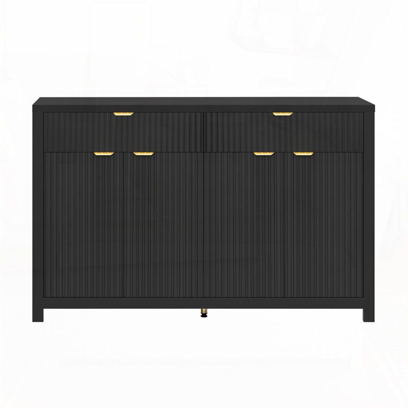 Modern Wave-Pattern Console Table with 2 Drawers and 4 Doors, Black