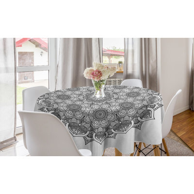 Ambesonne Mandala Round Tablecloth, Flower And Leaf Old Ottoman Mandala Chart Life Web Meditation Print, Circle Table Cloth Cover For Dining Room Kitchen Decoration, 60", Black White