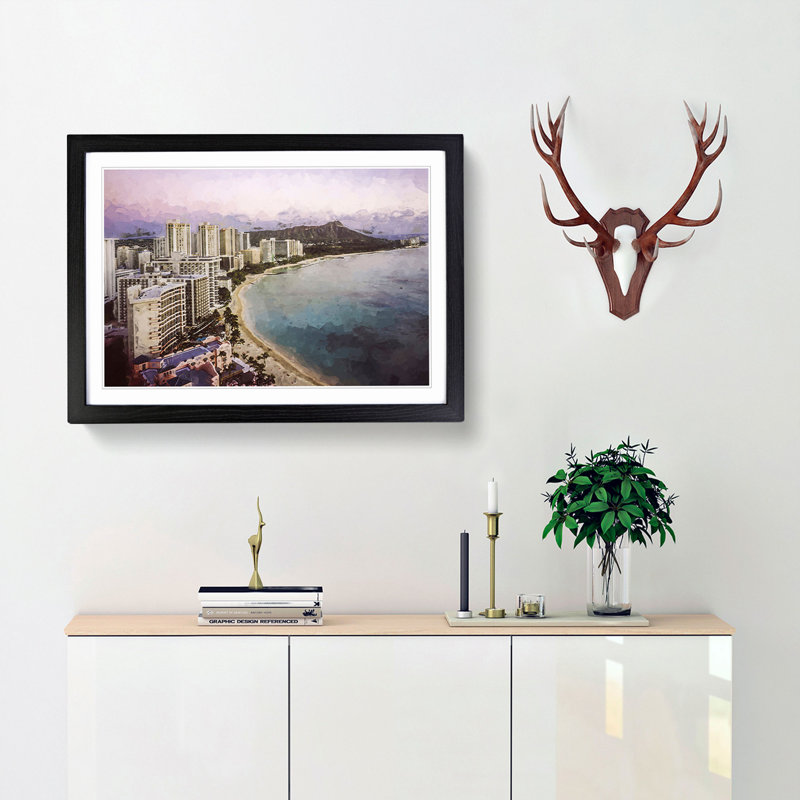 Dusk View of Waikiki Beach - Framed Print, 36cm H x 48cm W x 2cm D, Black Framed