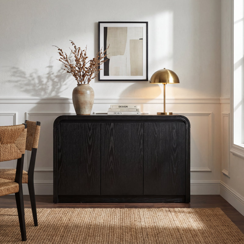 Curved Edge 47.24" Width MDF 3-Door Buffet Storage Cabinet, Black