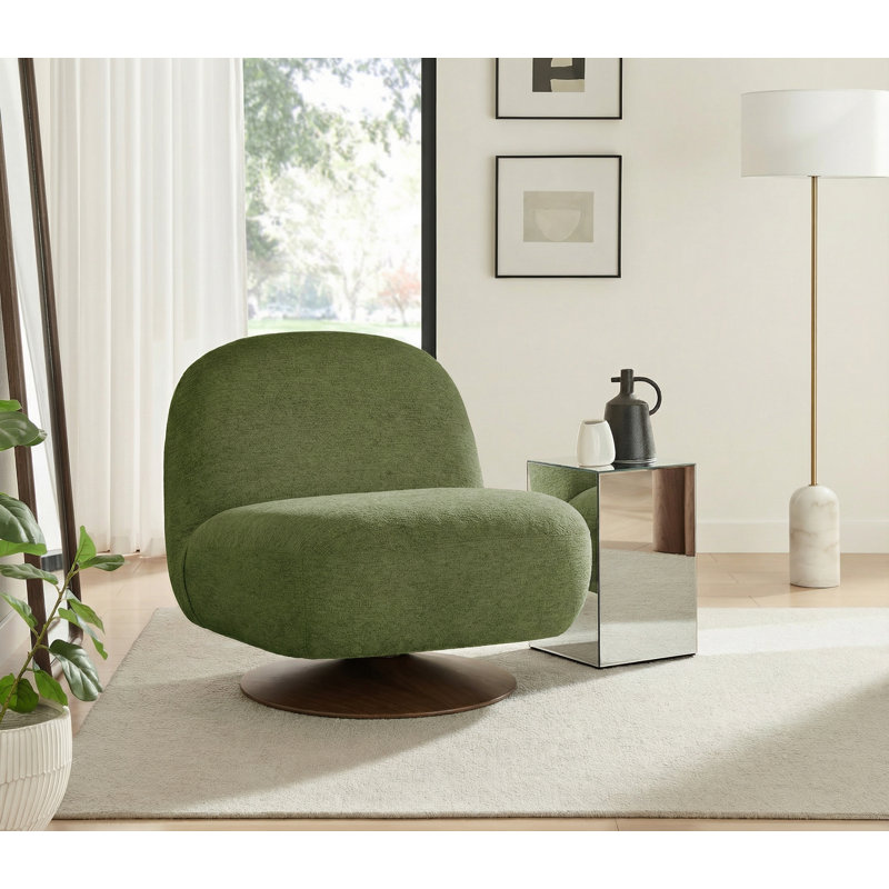 Tava Upholstered Swivel Accent Armchair - Stylish Retro Inspired Curved Cushion, Green/Walnut