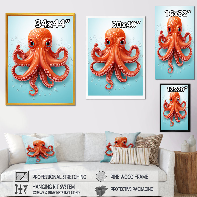 Orange et bleu pieuvre tentacule élégance - pieuvre / calmar animal, Toile tendue, H 32 po x l 24 po x P 1 po