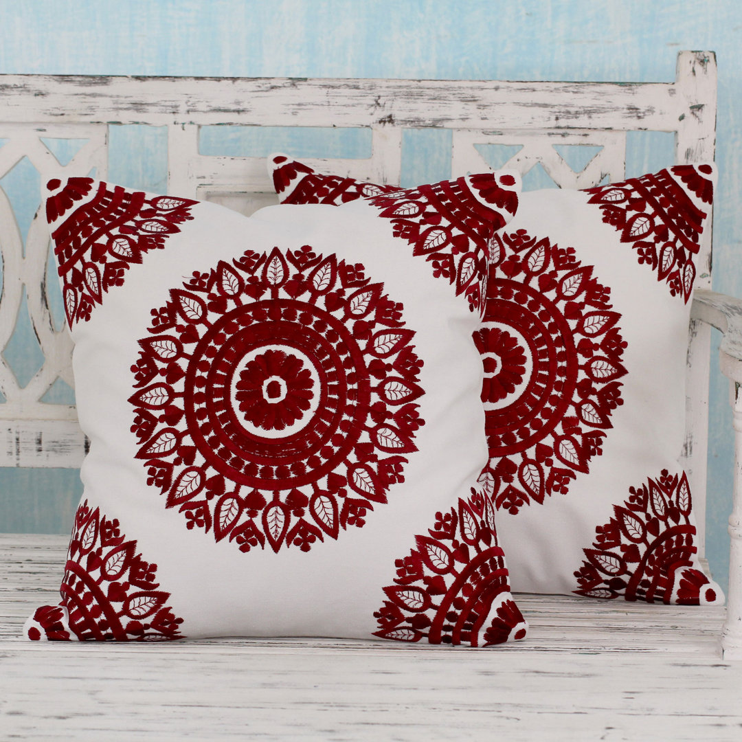 Ruby Mandalas Embroidered Cotton Pillow Cover (Set of 2) Novica