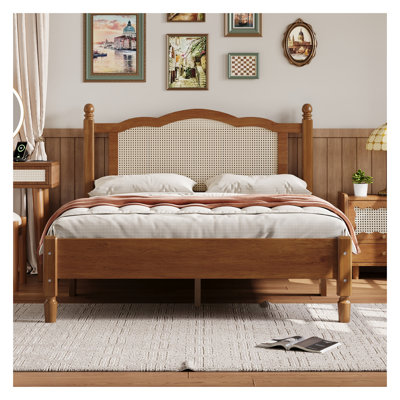 Full Size Rattan Headboard Platform Bed, Vintage Walnut Wooden Bed Frame with Solid Wood Slat Support, No Box Spring Needed