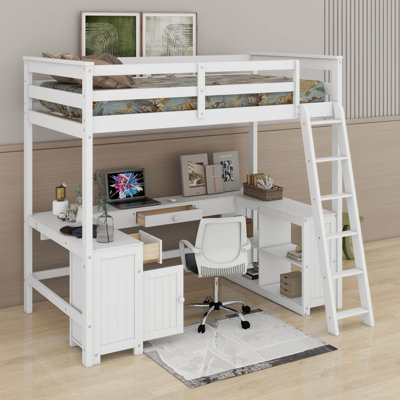 Full Size Loft Bed With Desk, Drawers And Shelves