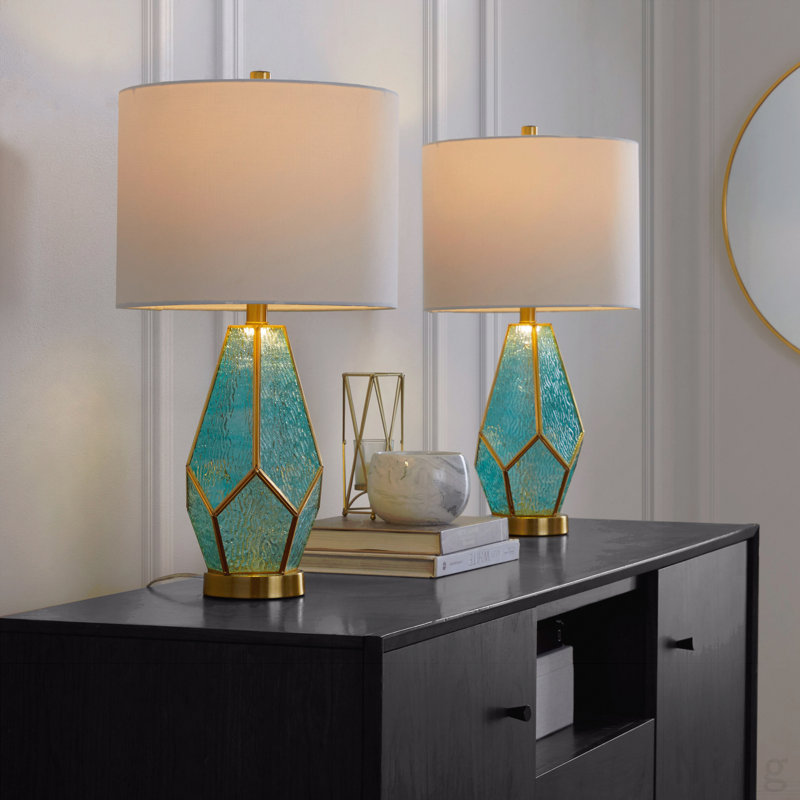 Table Lamp In Gold Metal With Turquoise Glass And White Linen Shade - Set Of 2, Gold/Turquoise/White