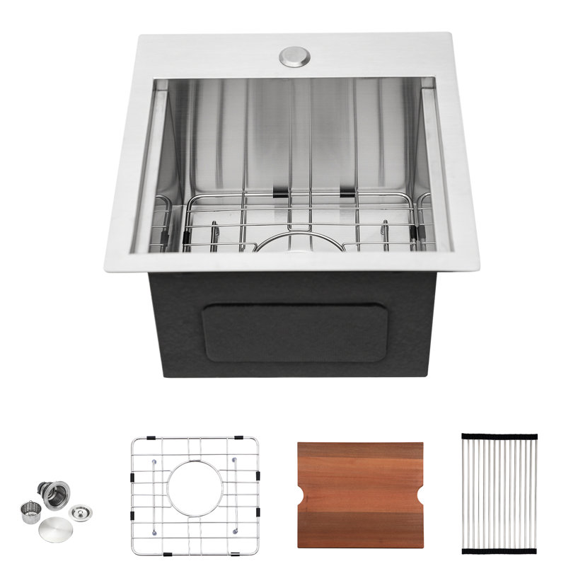 15 Inch X Drop - In Kitchen Sink, Stainless Steel 18 Gauge, Brushed Nickel, Easy To Clean, Single Basin Switchable Modes, X Shape, Water Drainage, Rollup Rack, Template Workstation T304 Steel,