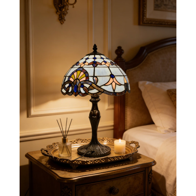 Lampe de table de style Tiffany avec abat-jour en verre coloré, design rétro fabriqué à la main pour le bureau, le chevet ou le décor du salon, avec ampoule DEL
