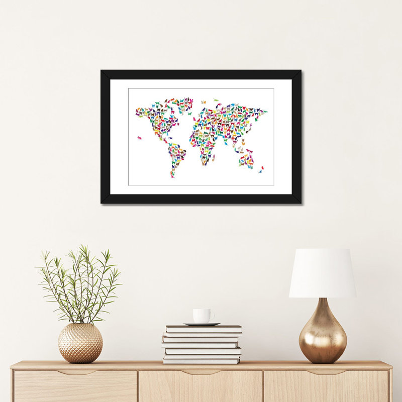 « chats world map »-impression sur toile tendue Karlskrona, H 24 po x l 32 po x P 1 po, Papier d'art encadré noir, Blanc