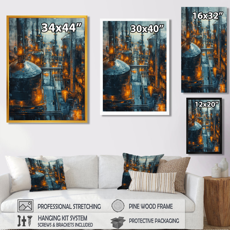 Décoration murale Crude Oil Refinery At Night II - Factories, Toile encadrée noire simple, H 32 po x l 24 po x P 1 po