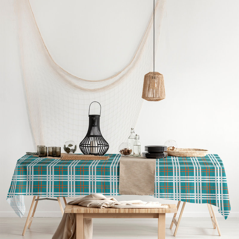 Nappe en mélange de coton à carreaux, Turquoise / Orange