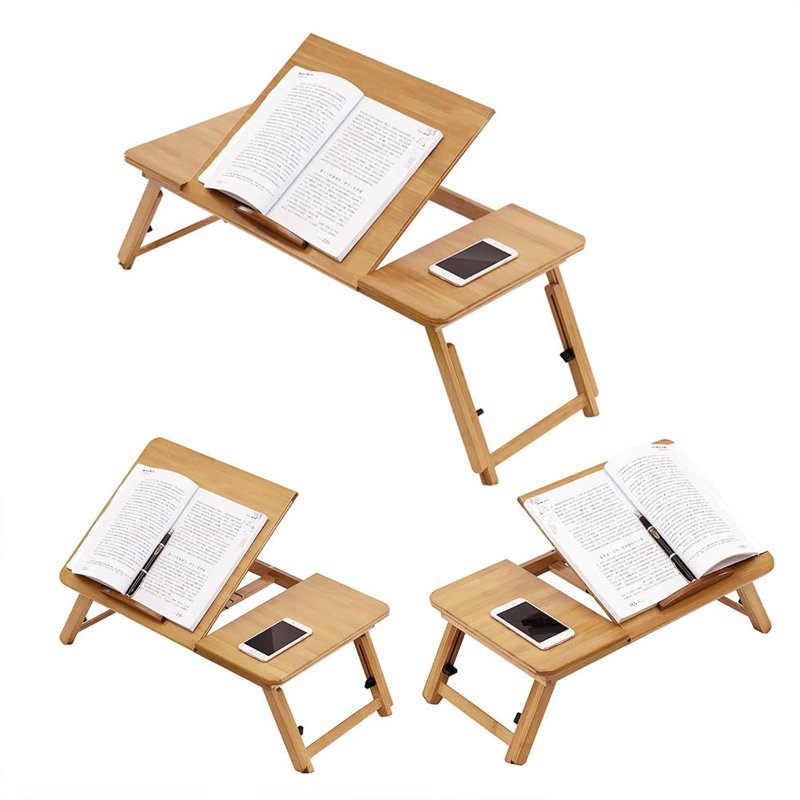 Table-plateau réglable en bambou pour ordinateur portable, bureau pour ordinateur portable pliable avec plateau inclinable et contrôle de la hauteur pour le canapé, l'écriture, la lecture, le petit déjeuner