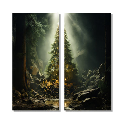 Green Magical Christmas Tree - Winter Landscape Framed Art, Green Landscapes Wall Decor Set Of 2