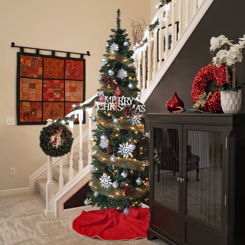 The Holiday Aisle® 6'/7.5' Pencil Christmas Tree with Lights, Pre-lit ...