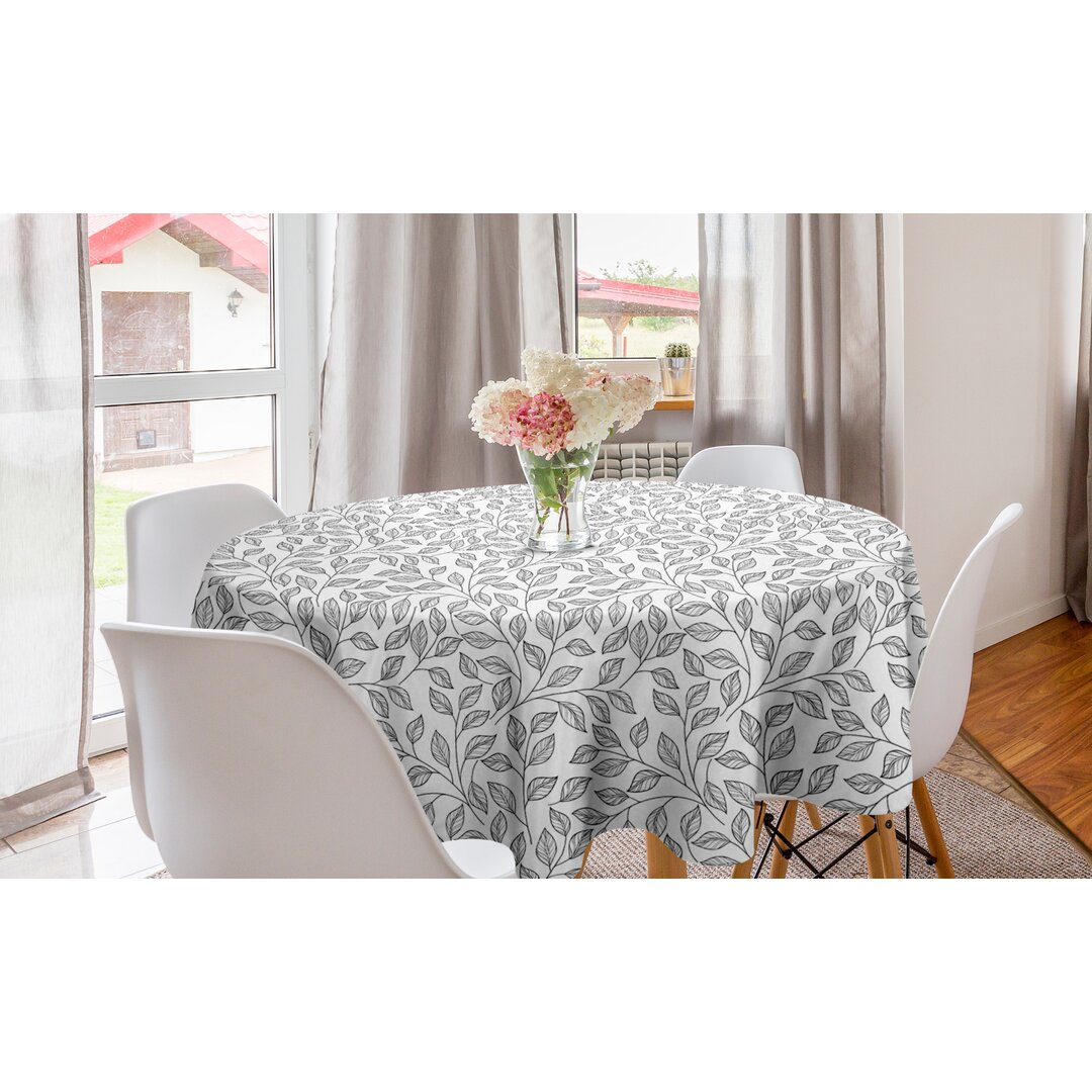 Runde Tischdecke, Monochrome Floral Rustic, Blätter, Weiß Schwarz