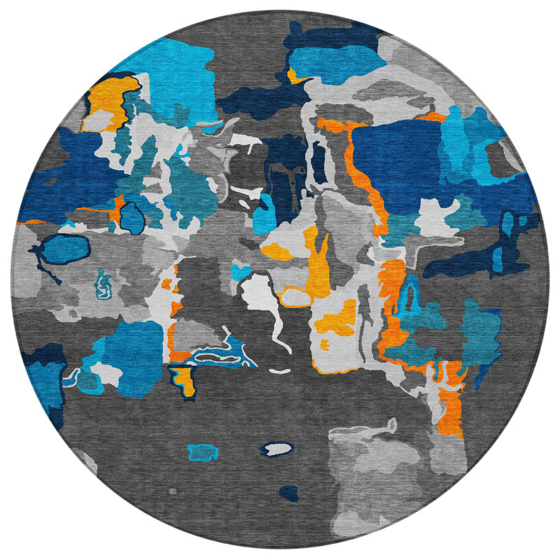 Tapis d'extérieur rond lavable abstrait 8 pi en cuivre et bleu sarcelle