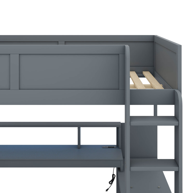 Lit mezzanine double en bois avec bureau, tablettes multiples, DEL et station de charge