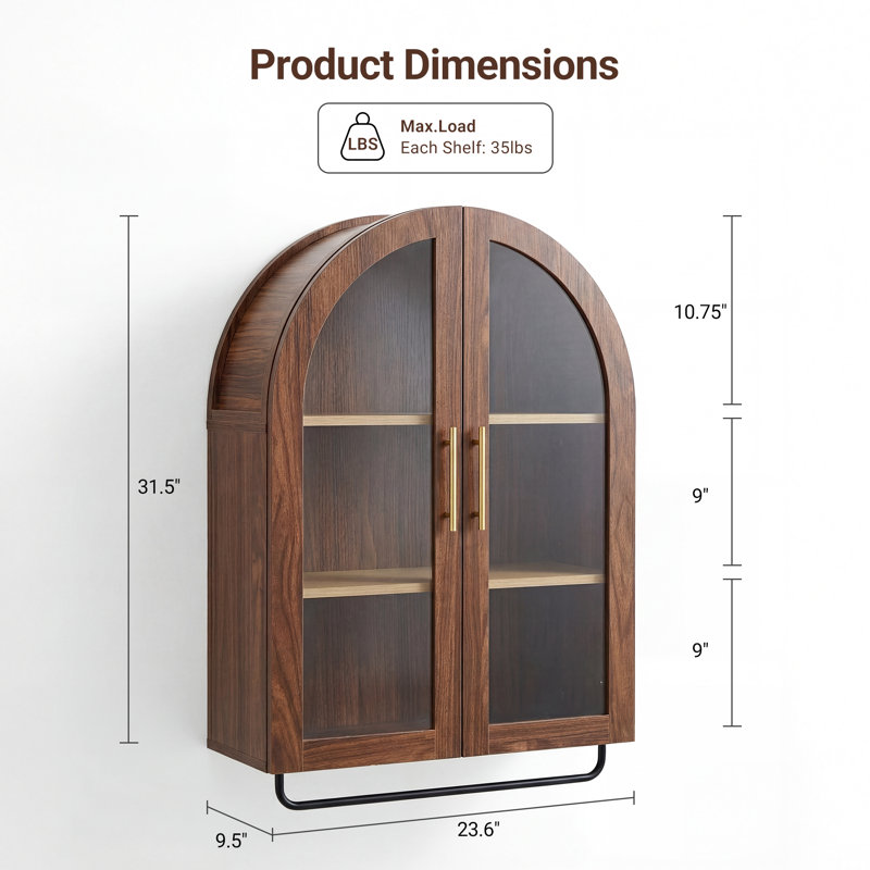 Modern Arched Wall Mounted Storage Cabinet with Glass Doors, Wooden Display Cabinet with 2 Shelves for Laundry Room,Living Room,Kitchen, 23.62" W x 9.45" D x 34.65" H