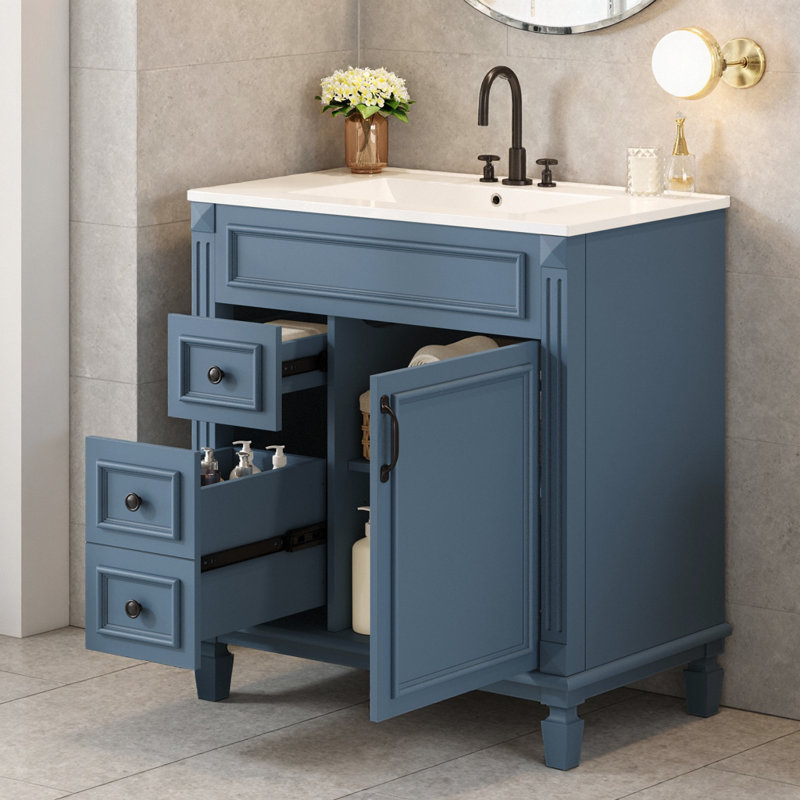 Meuble-lavabo bleu moderne 30 po avec lavabo en céramique, tiroirs à fermeture en douceur et tablette réglable pour petits espaces
