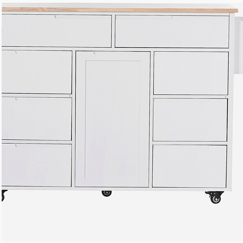Rangement de chariot de cuisine en bois d'hévéa, chariot d'îlot de cuisine avec 8 tiroirs coulissants, y compris un organisateur d'ustensiles et 5 roulettes, pour la cuisine, le restaurant, blanc
