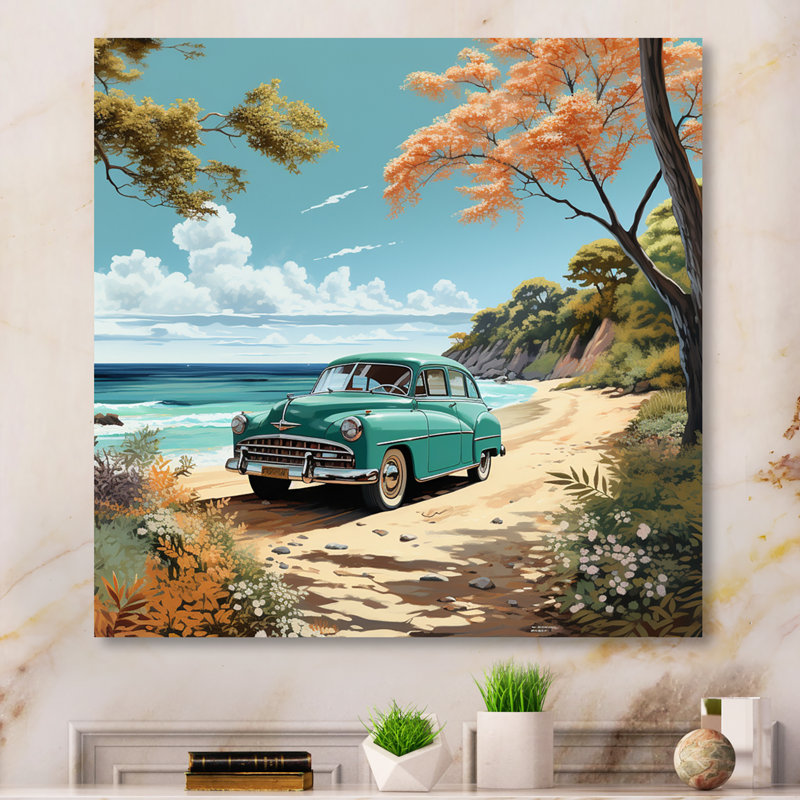 Vintage Oldtimer Classic Turquoise Car Beachside sur impression sur toile, 36" H x 36" W, Silver Picture Framed