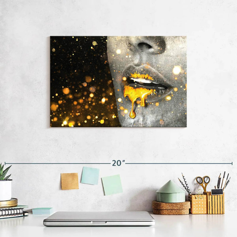 «Gold Glitter Lips Paint Drip» sur toile, H 8 po x l 12 po x P 1 po