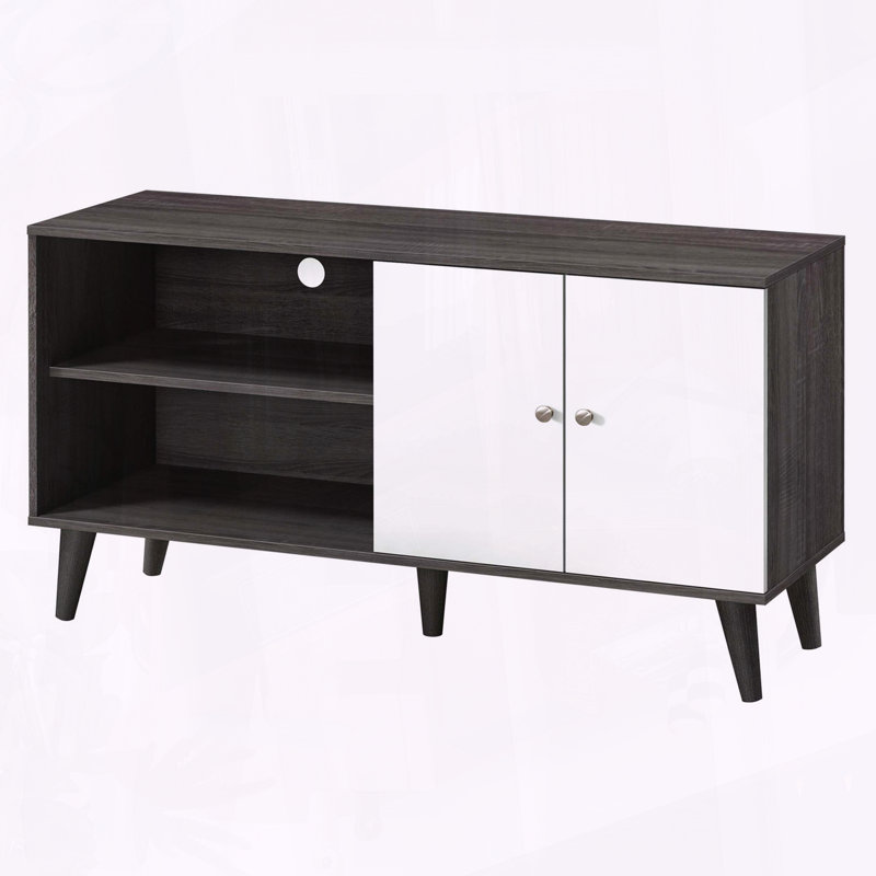 Meuble télé Mid-Century moderne avec armoire de rangement pour téléviseur de 47,3 po ou moins en gris foncé et blanc