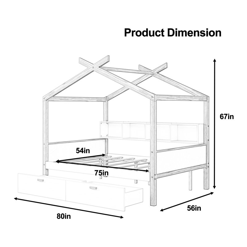Structure de lit double en bois avec deux tiroirs et une bibliothèque pour les enfants ou la chambre d'amis