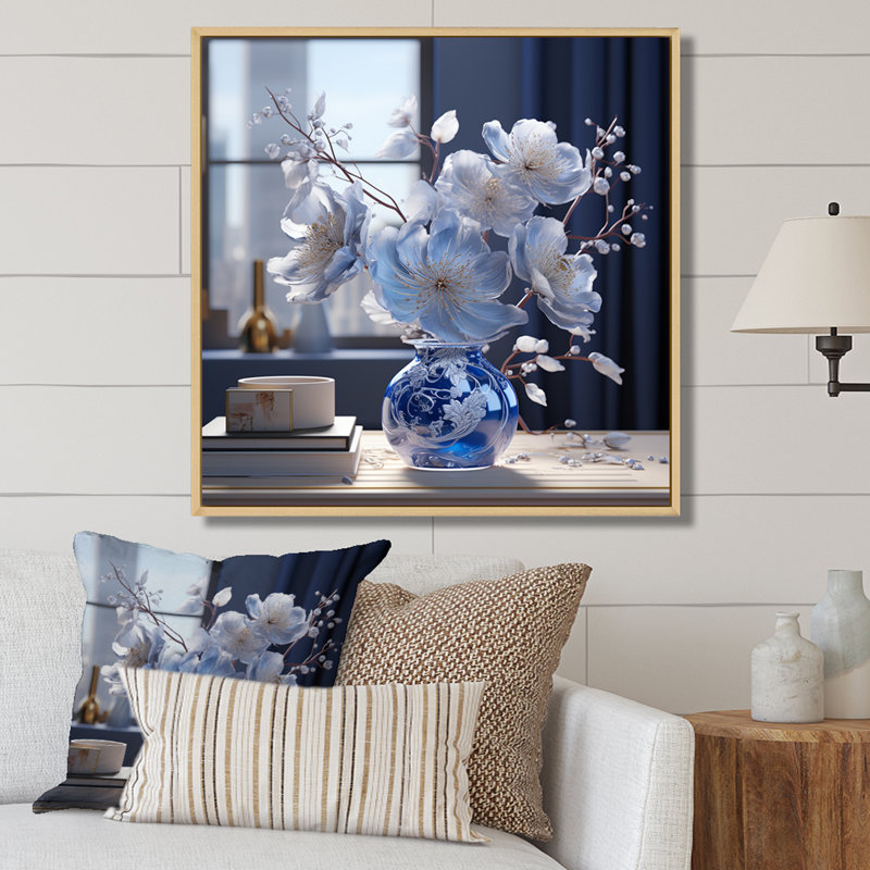 Arrangement de fleurs d'hibiscus bleu azur sur toile, Cadre naturel flottant, 16" H x 16" W