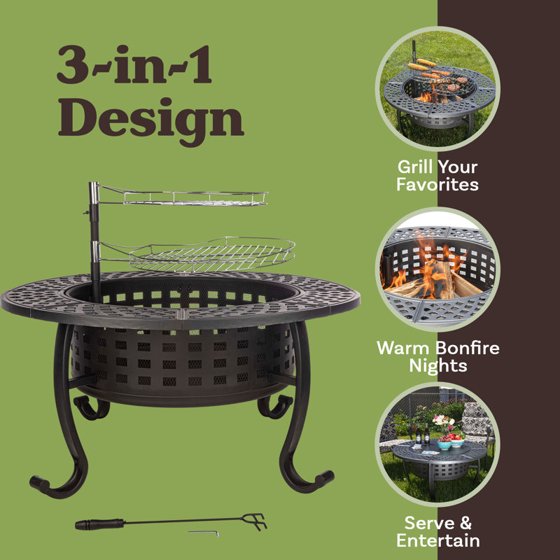 Fire Pit with Grill - 37” Round Fire Table Outdoor Firepit with 2 Grills, Lid, Poker and Cover - Fire Pits for Outside Wood Burning BBQ by Pure Garden 
