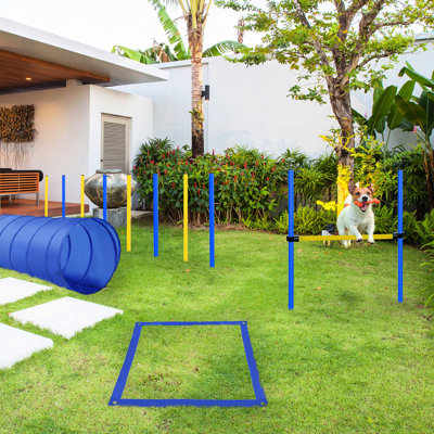 4pc Dog Agility Training Facilities - Jump Hurdle, Tunnel, Pause Box, Weave Poles & Shoulder Bag Blue/yellow. Fortify Bonding Process, Safe , Lightweight Setup Procedure Obstacle Kit For Dogs