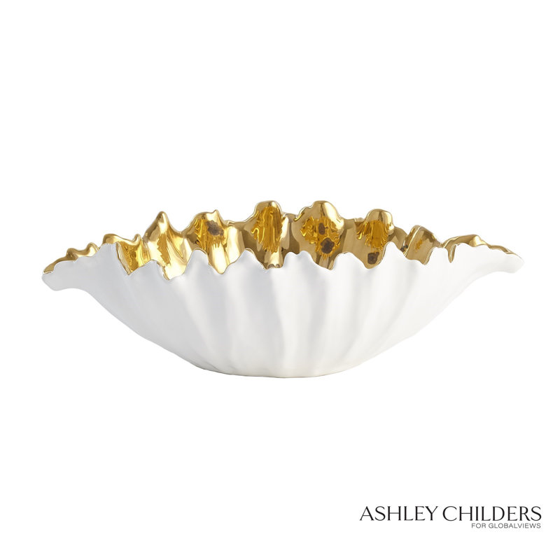 Organic Wave Oval Bowl-White-Lg, 5.75" H x 18.50" W x 10.50" D, White/Gold