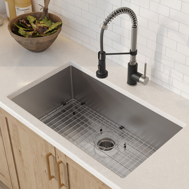 Kraus 32-in Standart Pro Kitchen Sink Combo Set with Bolden™ Kitchen Faucet and Soap Dispenser, Stainless Steel/Matte Black