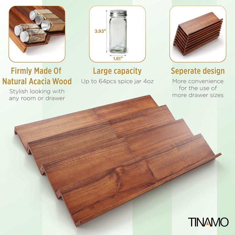 Étagère à épices en bois d'acacia pour armoire - Insert de tiroir à épices, rangement pour épices pour armoire, organisateur d'assaisonnement, support à épices à 4 niveaux pour tiroir, paquet de 8 porte-épices (64 pots)