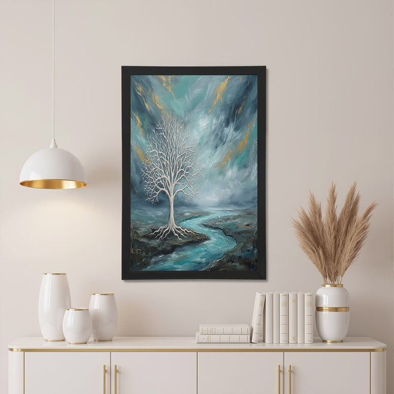 «White Leafless Tree» par Teal River avec toile ciel doré, H 36 po x l 48 po