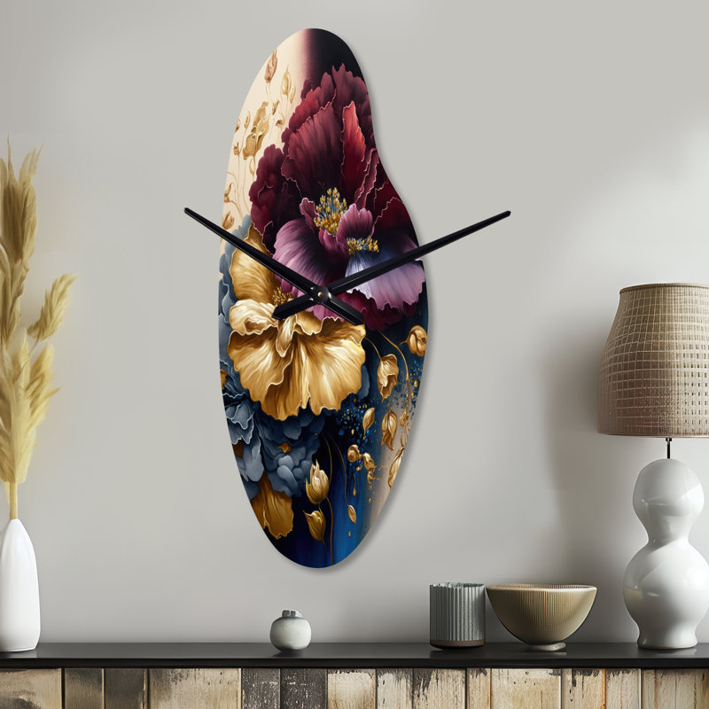 McMorrow - Curved Shape Decorative Red Floral Wall Clock, Moyenne