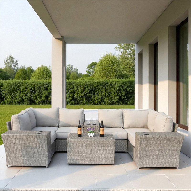 Ensemble modulaire d'extérieur 4 places avec coussins et table entièrement assemblé, Mélange de gris
