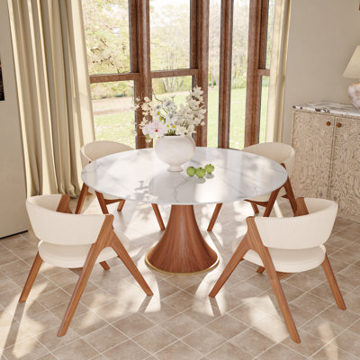 Round Dining Elegant Sintered Stone Table Set And 4-8 Upholstered Back Chairs For 4-8