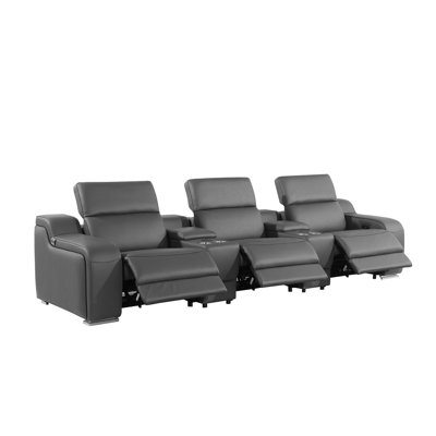 Gracie Mills Verona Sofa 129" Dark Gray Italian Leather Reclining USB Sofa