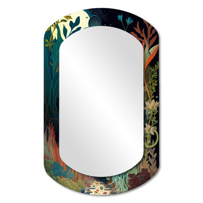 Suri Bounties and Blooming Wilderness Blessings IV - miroir décoratif asymétrique forêt, miroir mural cylindrique traditionnel, impression d'art en métal