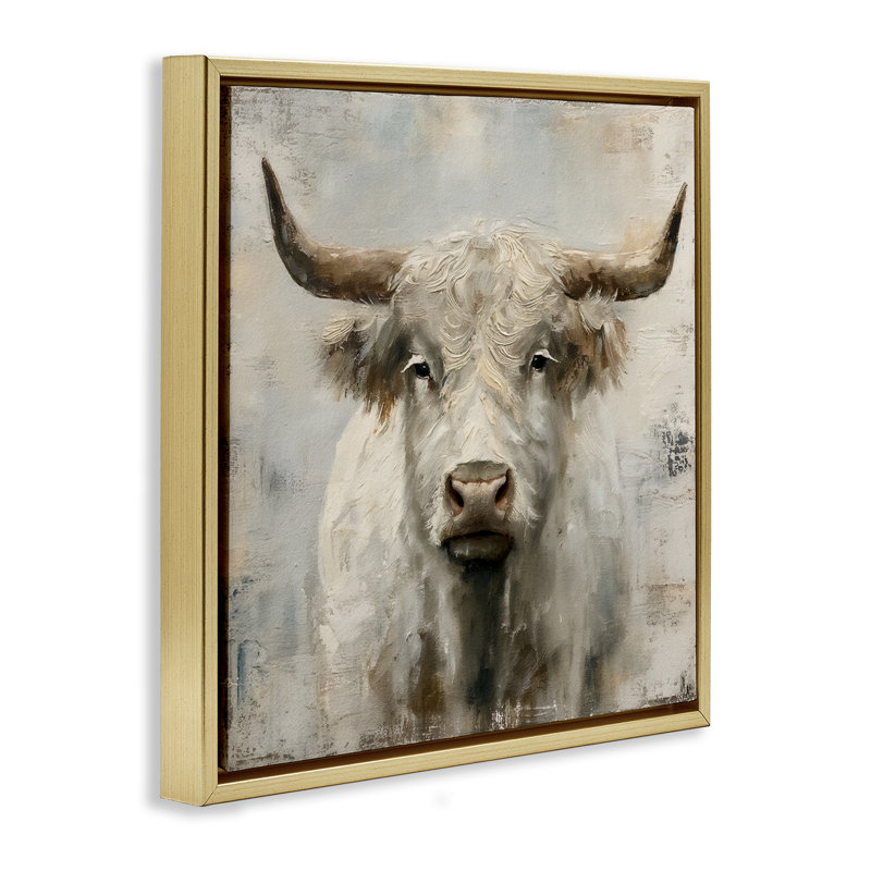 "Fluffy Longhorn" par Fluffy, H 18 po x l 18 po, Cadre flottant métallique doré
