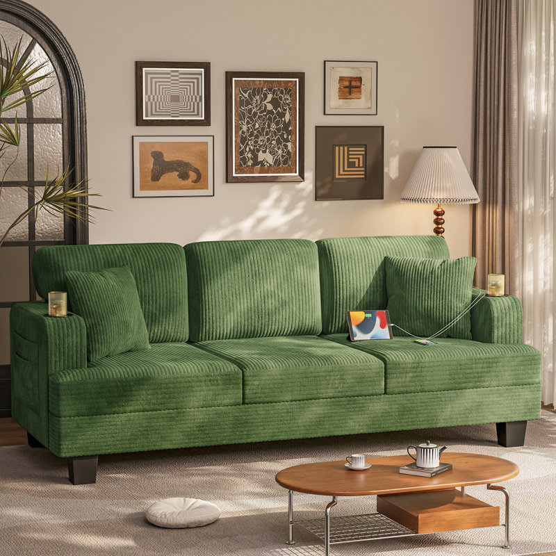 84" Modern Style Comfortable Corduroy Reception Sofa, Seating of 3, with Cup Holder and Side Pocket, Green