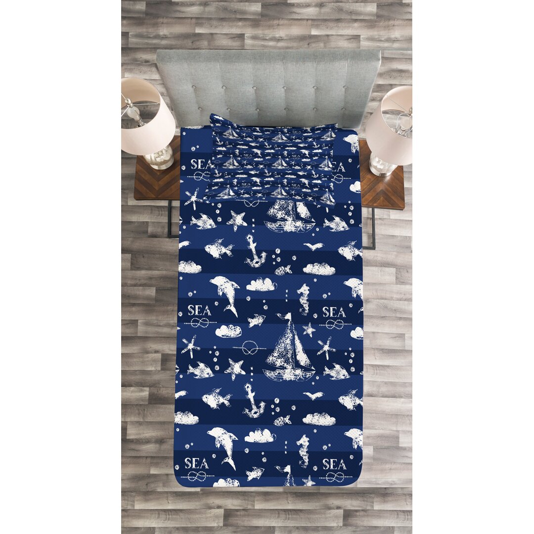 Gestepptes Bettdecken-Set, Grunge Anchor Schiff, Navy blau, Blau Weiss