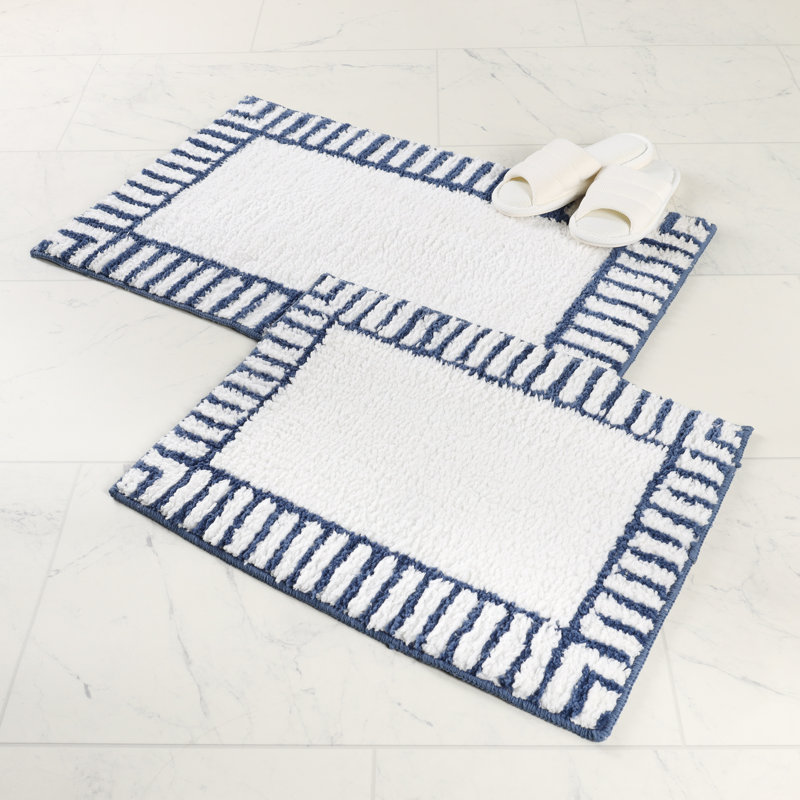 Inaya Modern Striped Plush Tufted Shag Machine Washable 2 Piece Bathroom Rug Set, MEDIUM- 2 Piece Set, White/Navy