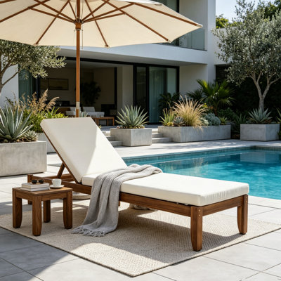 Chaise longue d'extérieur en bois d'acacia avec coussin et dossier inclinable réglable en 4 positions