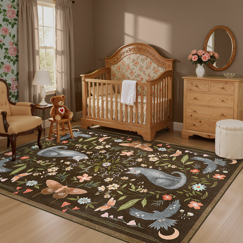 Vintage Cute Cat Machine Washable Rug with Rubber Backing for Living Room Stain Resistant Non-Slip Dining Room Rug Easy-Cleaning Floor Carpet for Bedroom