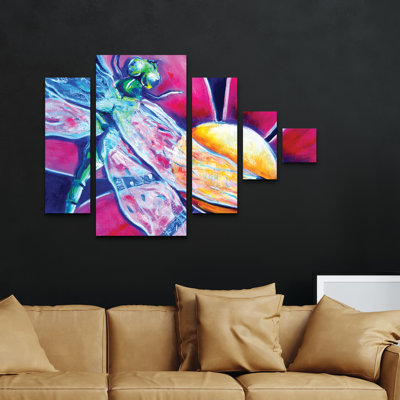 Ensemble de 5 panneaux muraux - Deborah Broughton «Flower Pink Daisy Dragonfly», art mural sur toile pour le salon, la chambre à coucher ou le bureau 