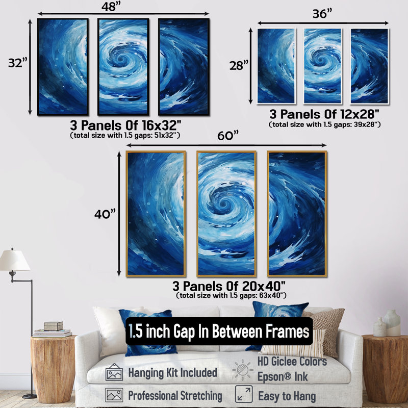 «Blue Swirl Wave Spiral VI», ensemble de reproductions d'art mural, Cadre flottant doré, H 40 po x l 60 po x P 1 po