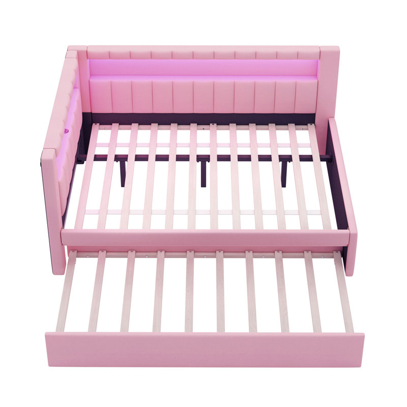 Lit plateforme tapissier avec ports USB et ceinture à DEL, avec lit gigogne, Rose